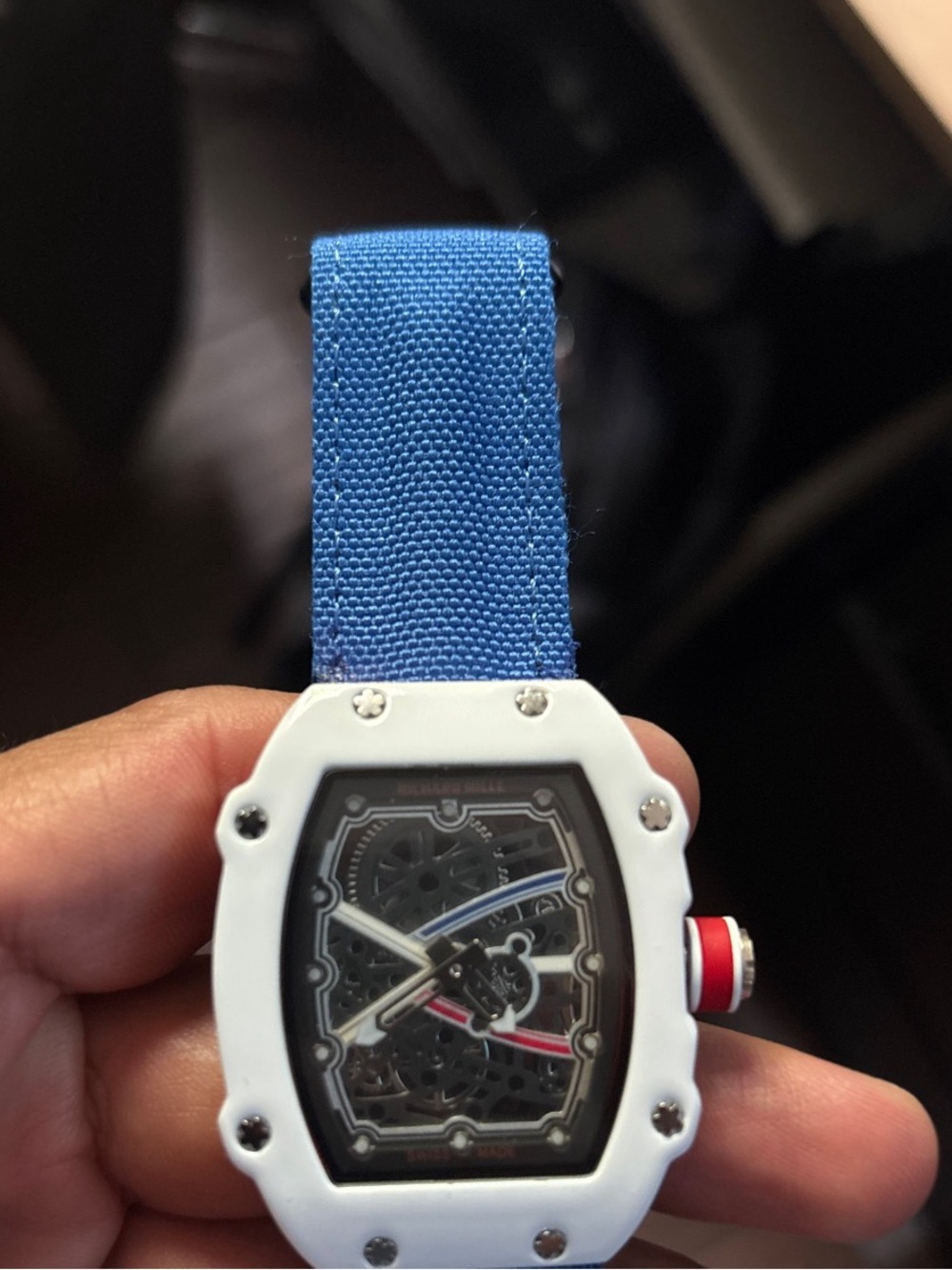 Macy's White and Blue Skeleton Dial Sport Watch